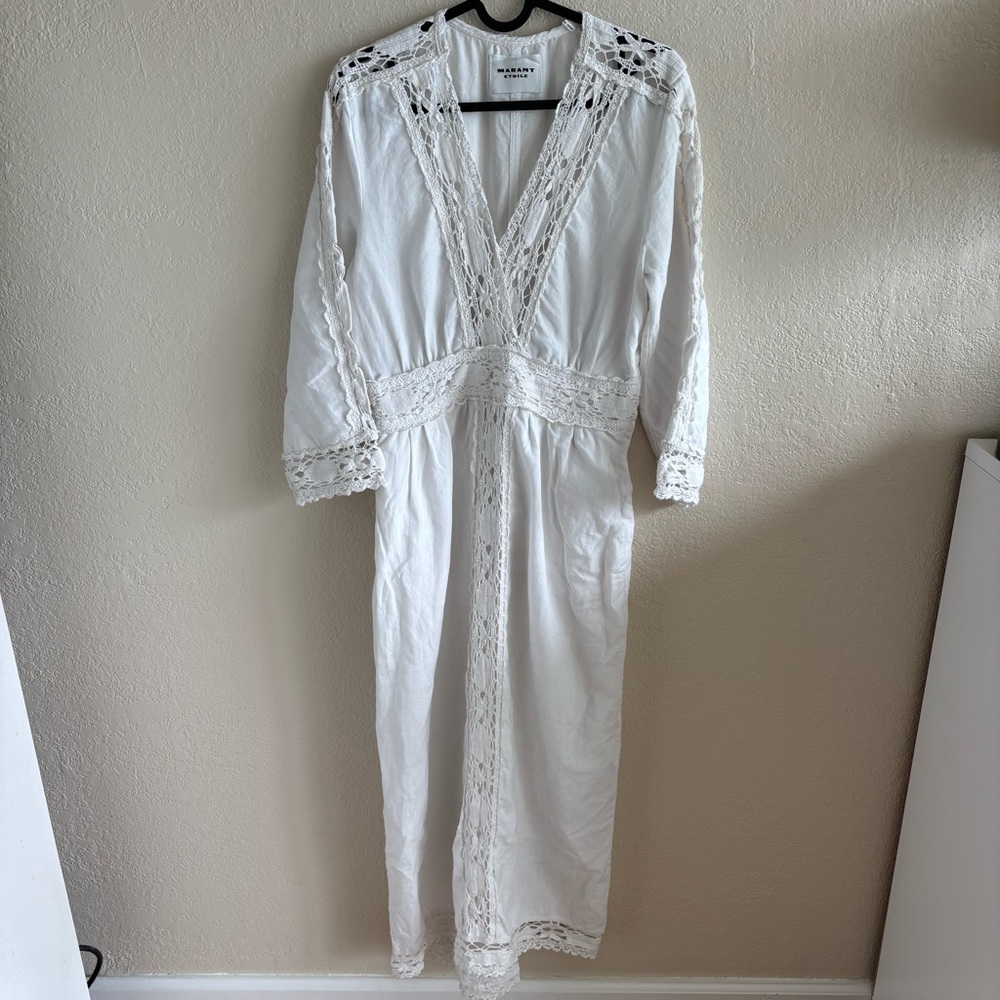 Isabel MARANT ÉTOILE Veona lace-trimmed linen cotton-blend midi dress white FR36 - Picture 2 of 12